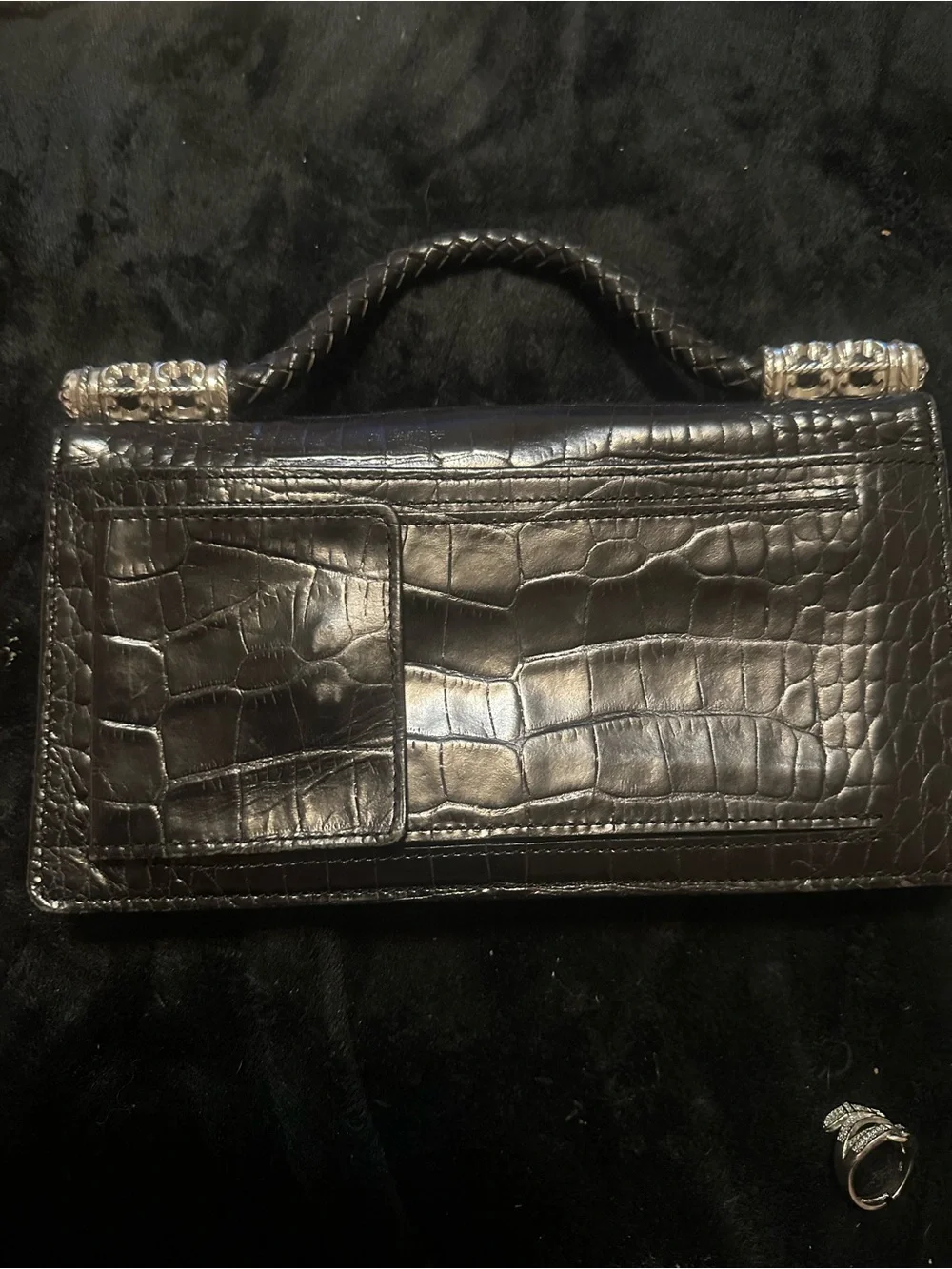 BRIGHTON Black Croc-Embossed Leather Top-Handle Bag Compartments GALORE